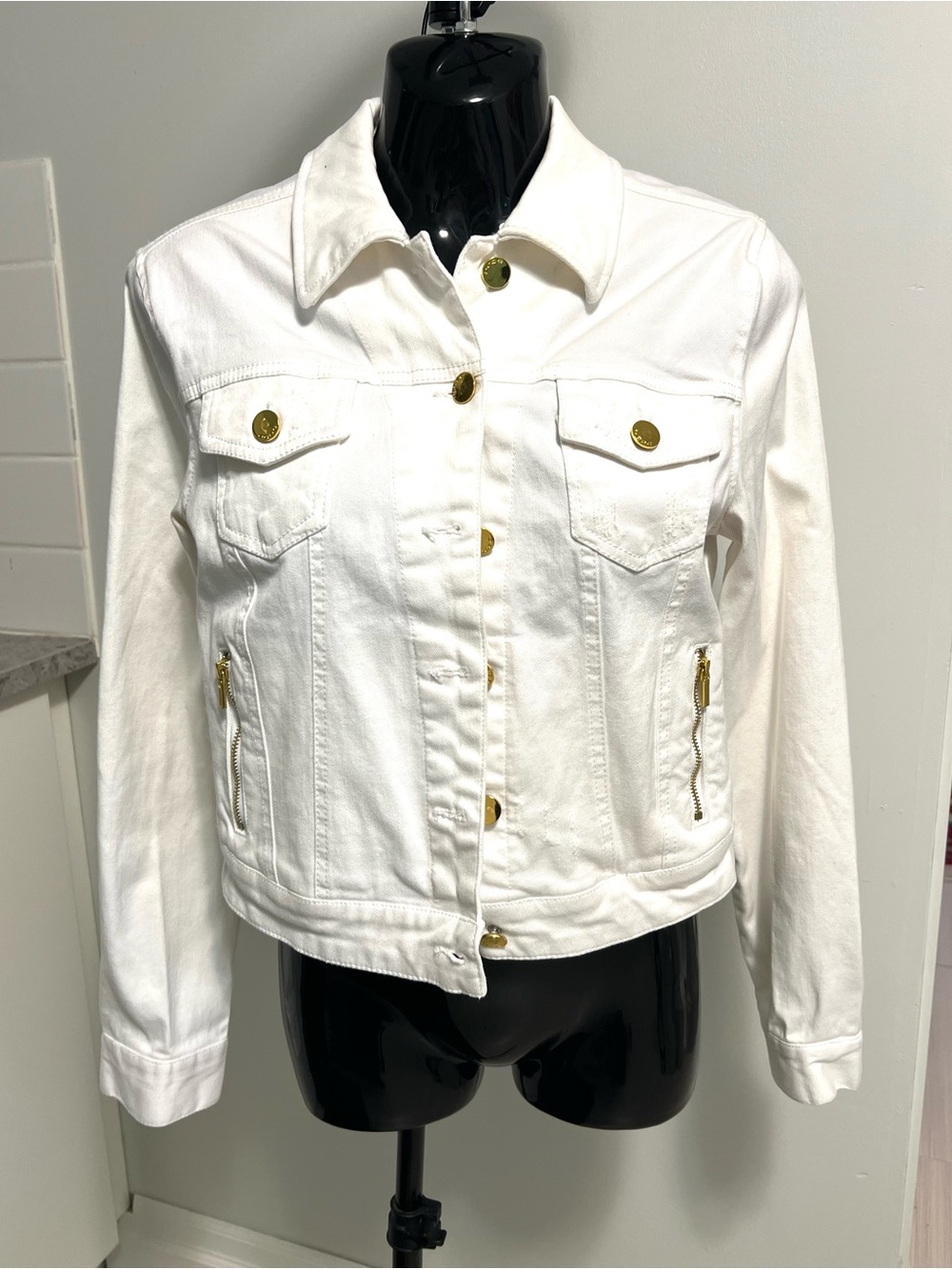 bebe White Denim Jacket with Gold-Tone Hardware